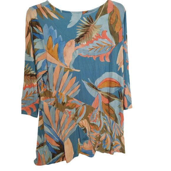 Soft Surroundings Shirt Womens 1X Blue Tropical Leaf Print Tunic Top 3/4 Sleeve - Picture 4 of 6